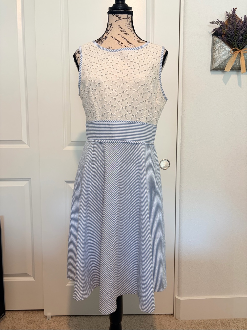 London Style White Eyelet Bodice & Light Blue Striped Midi Dress